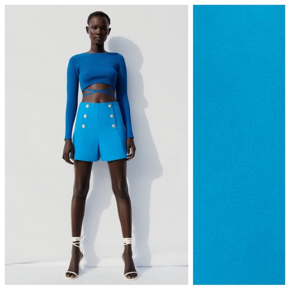 NWT. Zara Turquoise Gold Button High-Waisted Shorts. Size XS, S, M, L. - Picture 2 of 10